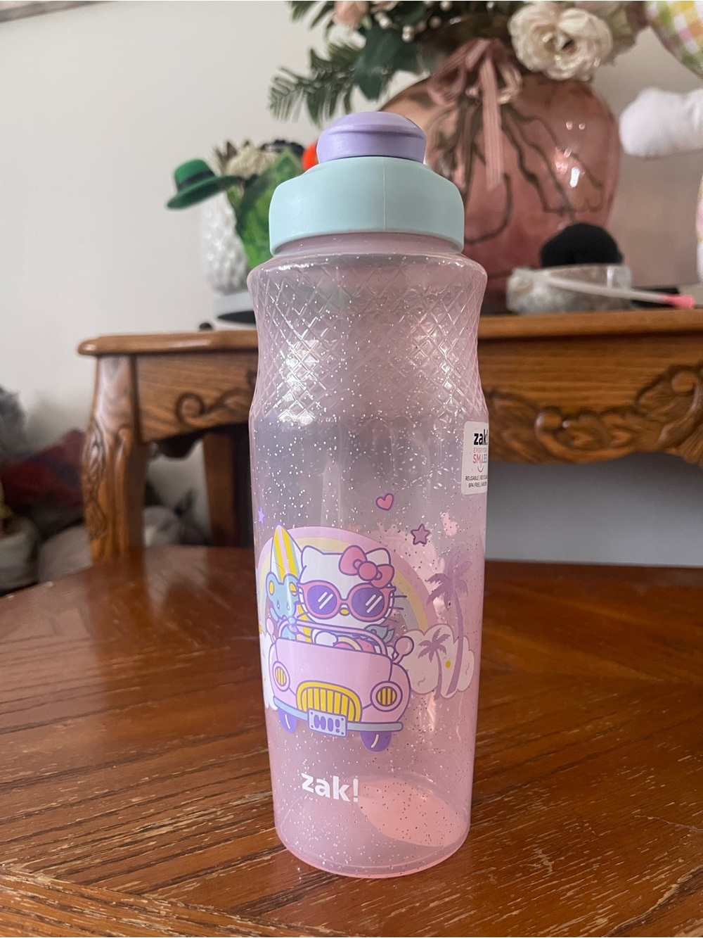 Hello Kitty Pink Glitter Water Bottle with Pastel Mint & Lavender Lid